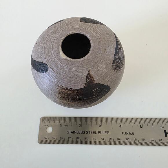 Vintage Studio Pottery Modernist Vase Round Brown Black Brushstroke Design - Picture 9 of 14